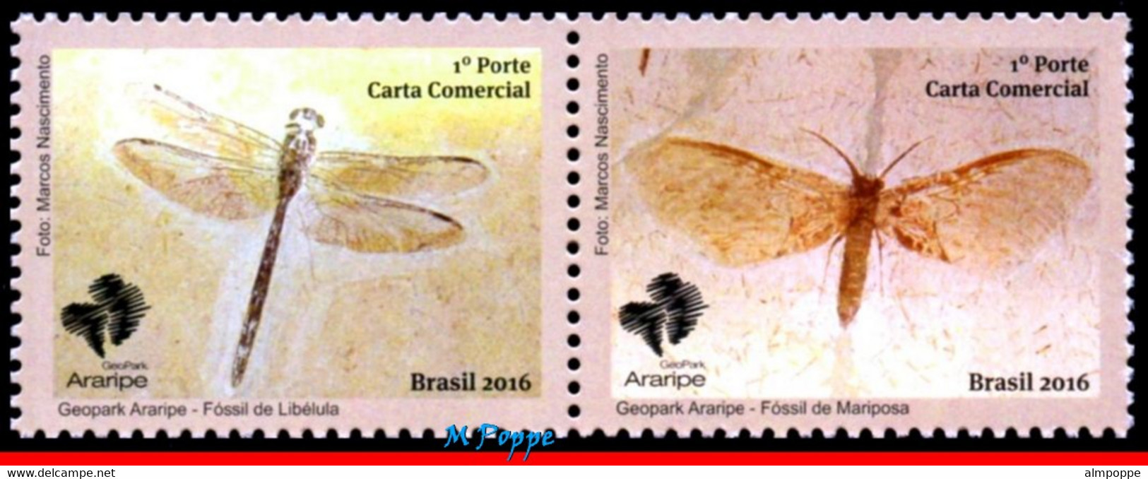 Ref. BR-V2016-26FO BRAZIL 2016 INSECTS, ARARIPE GEOPARK, INSECTS, FOSSILS, DRAGONFLY & BUTTERFLY,SHEET MNH 24V - Fossili