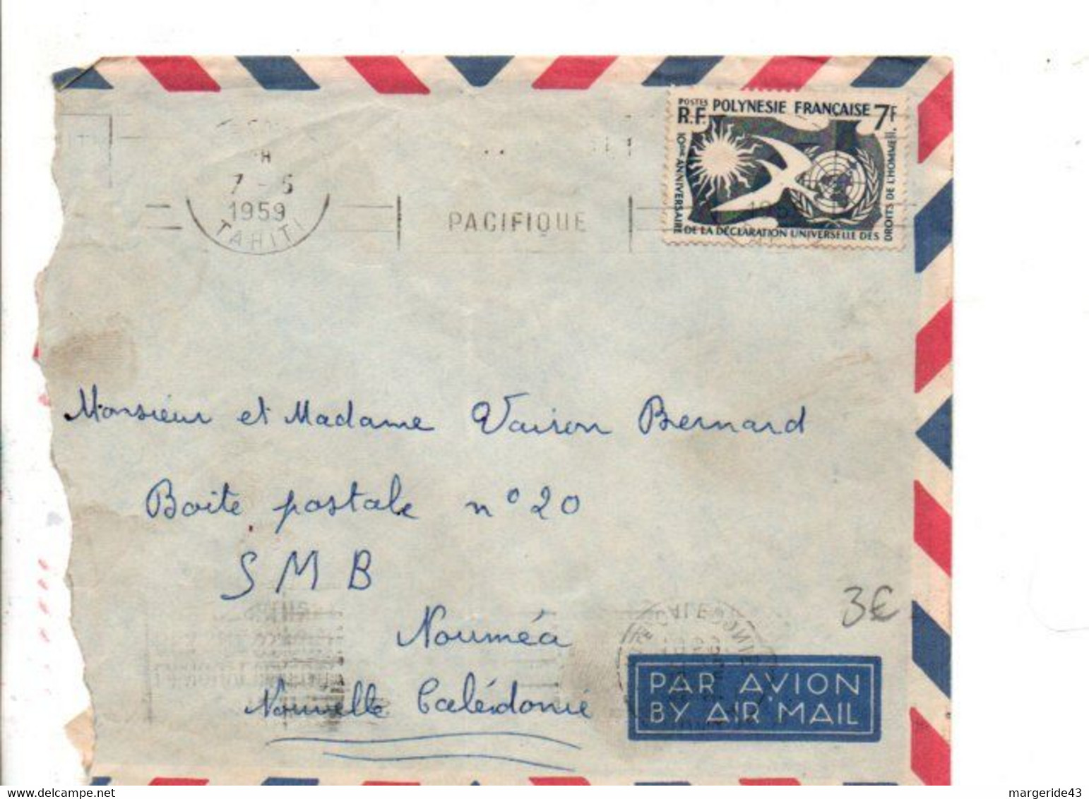 POLYNESIE SEUL SUR LETTRE POUR LA FRANCE 1959 - Briefe U. Dokumente