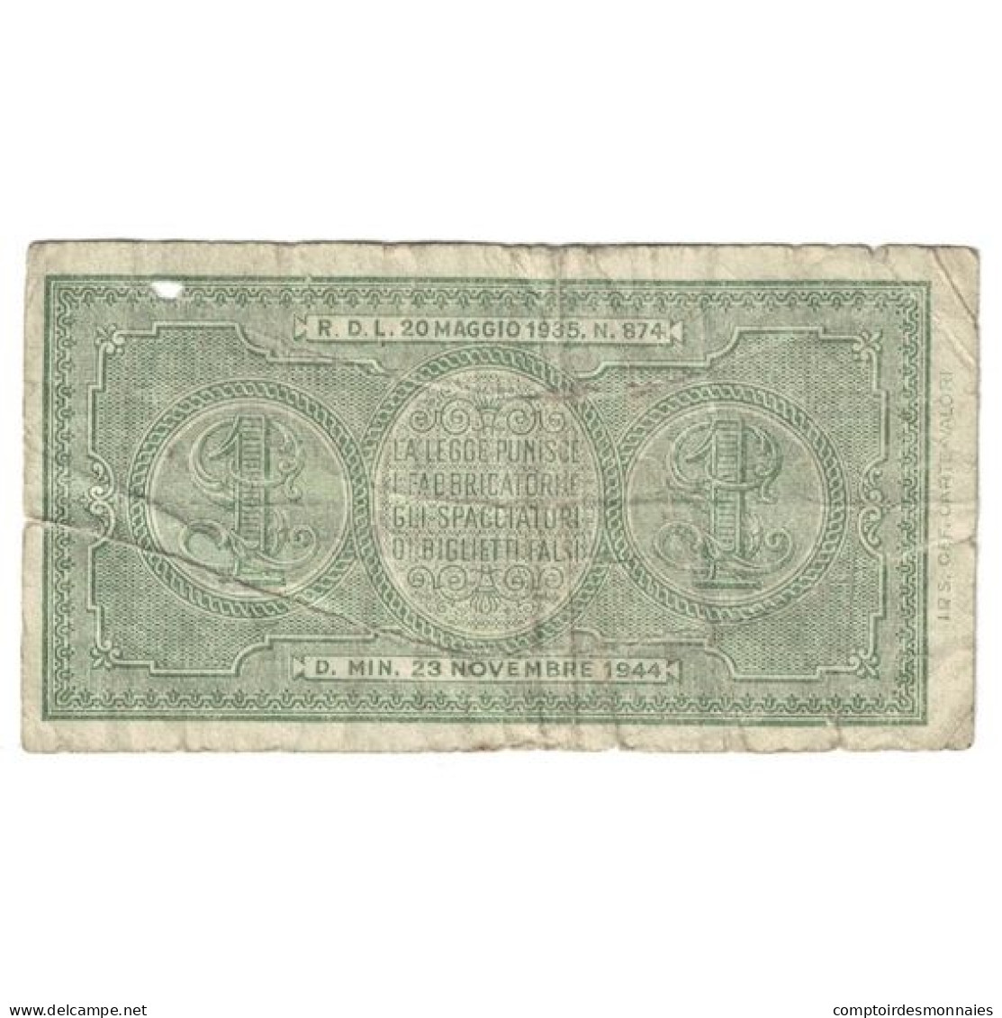 Billet, Italie, 1 Lira, 1944, 1944-11-23, KM:29b, TB+ - Biglietti Di Stato