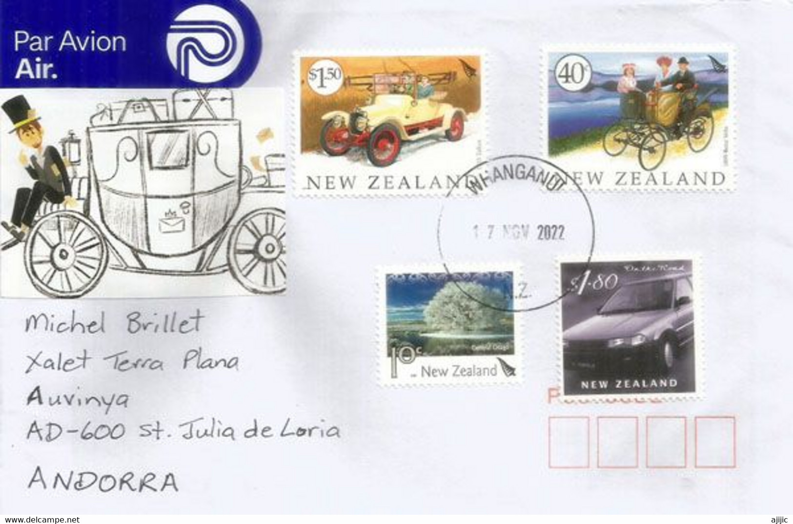 New-Zealand Cars : 2022. Talbot 1915,Benz 1895, Toyota Corolla "on The Road". Letter To Andorra (Principality) - Lettres & Documents