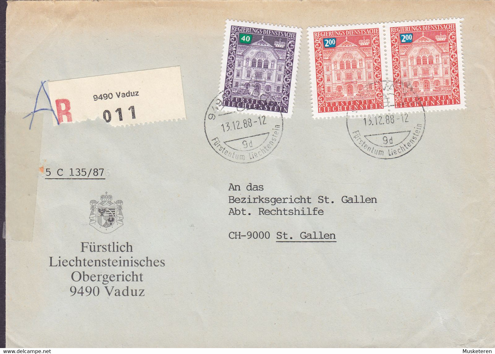 Liechtenstein OBERGERICHT Registered Recommandé Label VADUZ 1988 Cover Lettre ST. GALLEN Suisse 0.40, 2x 2.00 Fr. - Official