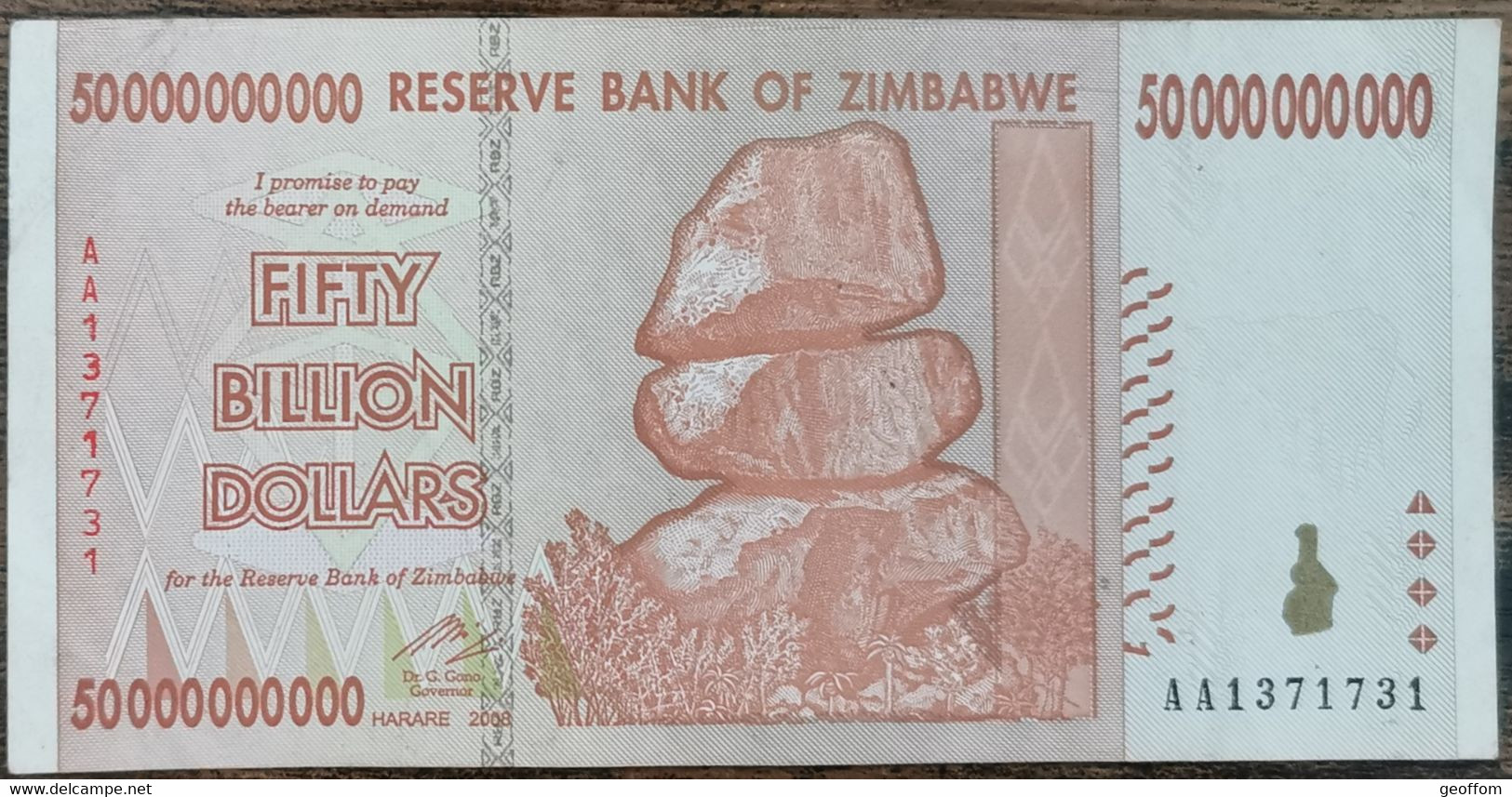 Billet 50.000.000.000 Dollars ZIMBABWE 2008 - 50000000000 - 50 Milliards - Zimbabwe