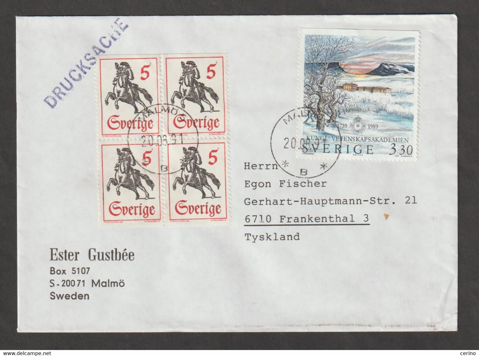 SWEDEN:  1991  COVER  WITH  3 K. 30 + 50 Ore (1536 + 574a  BL. 4)  -  TO  GERMANY - Covers & Documents