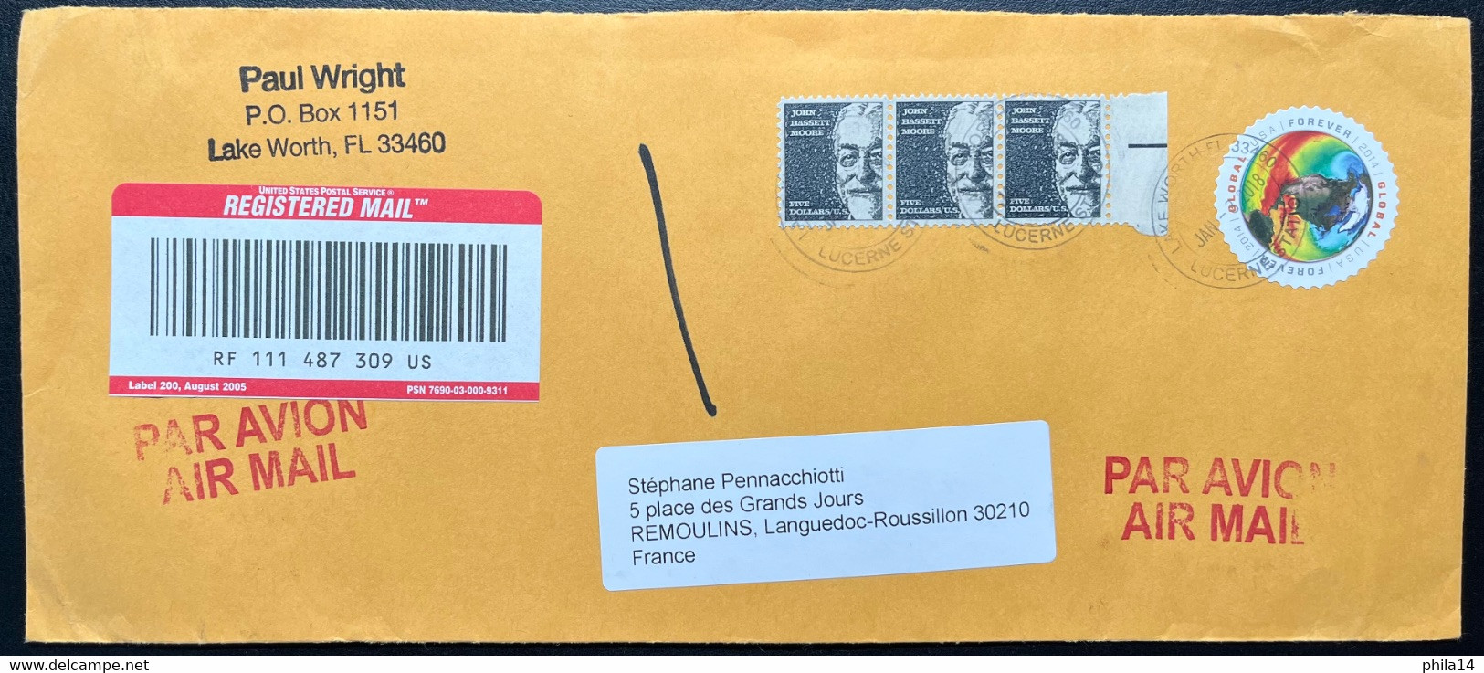 SP ENVELOPPE RECOMMANDEE / REGISTRED COVER / 2018 / USA JOHN BASSETT MOORE / LAKE WORTH - Lettres & Documents