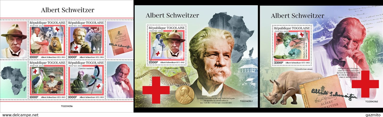 Togo 2022, Schweitzer, Red Cross, Wild Cat, 4val +2BF - Albert Schweitzer