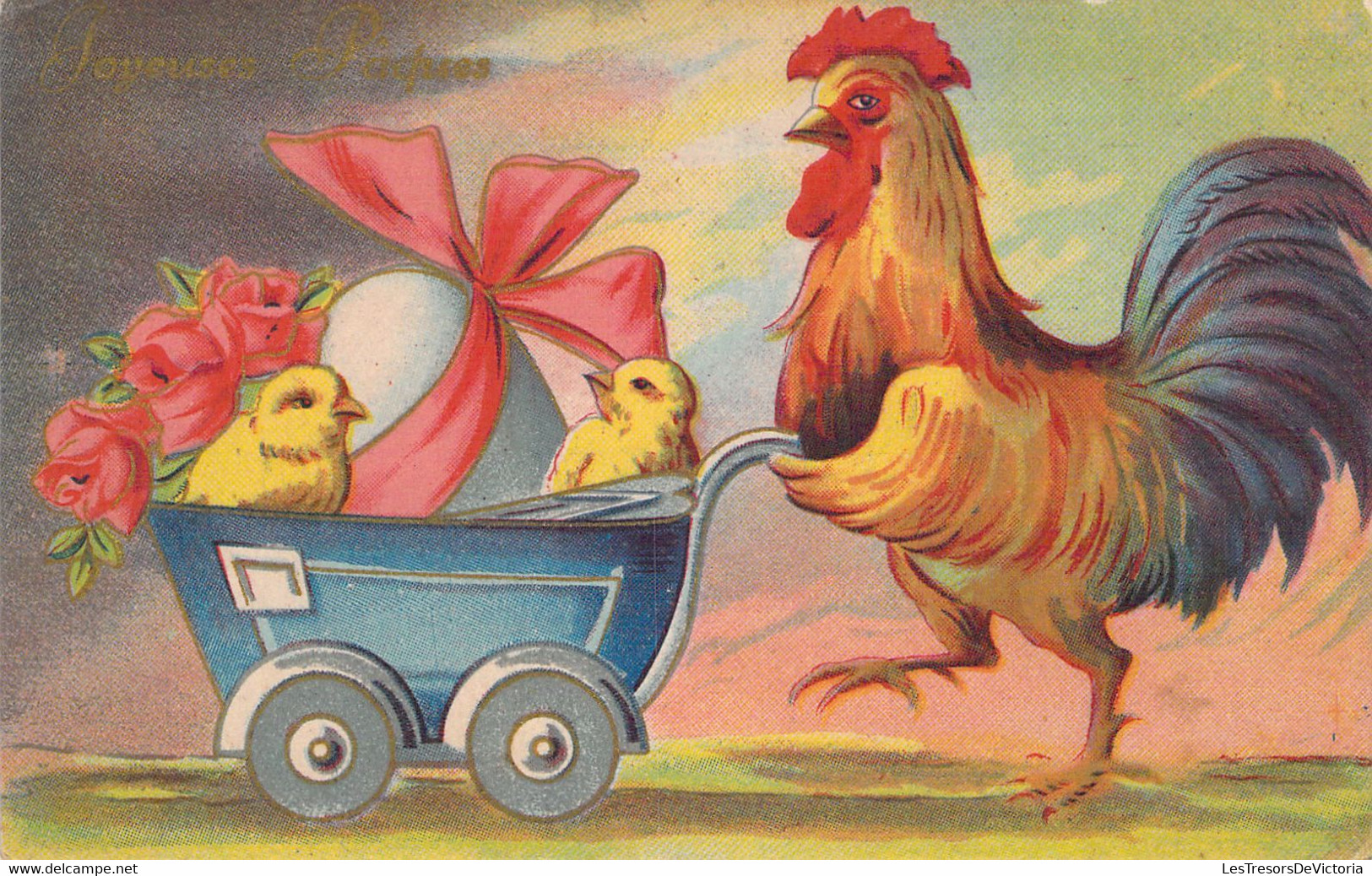 Pâques - Illustration Non Signée D'un Coq Promenant En Poussette 2 Poussins Et Oeuf  - Carte Postale Ancienne - Pâques