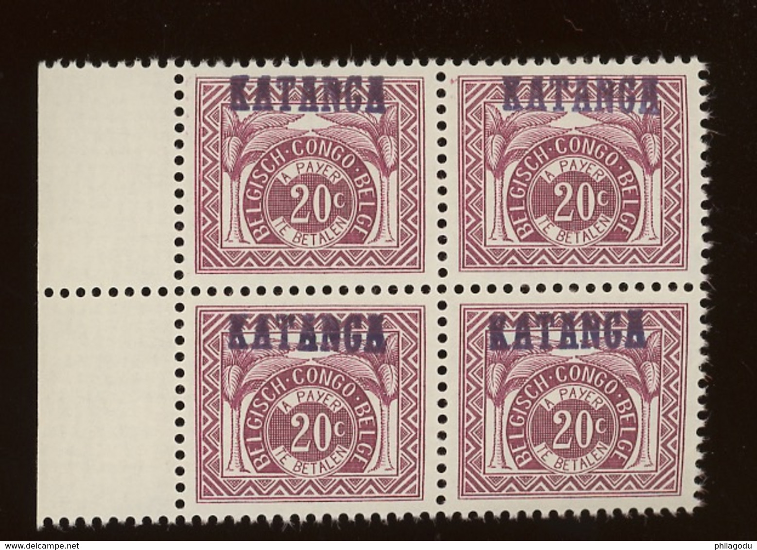 Taxe 2a. 20c Gravé Bloc De 4 **. Cote 80,-€ - Katanga