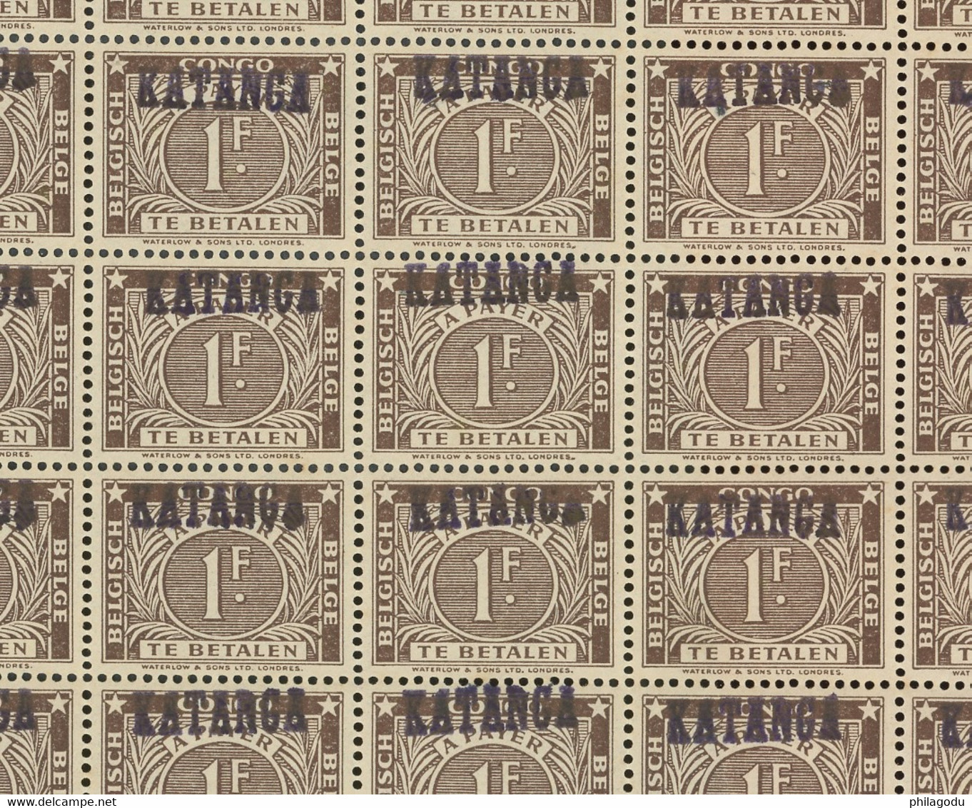 Taxe 4a. ** 1-F Brun Typo  Feuille Complète  **. Cote 4600,-€ - Katanga