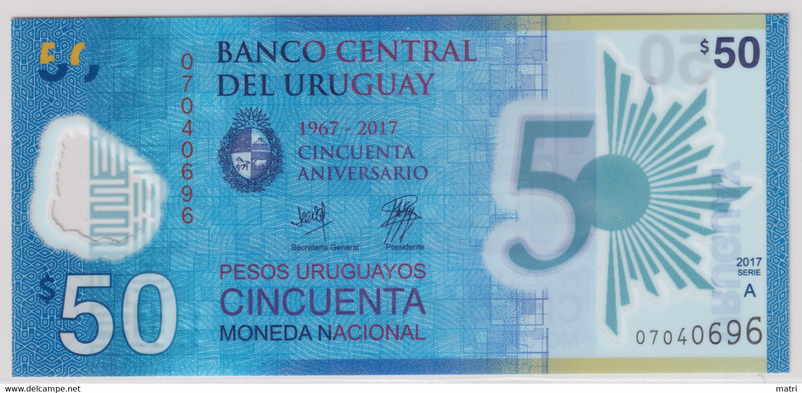 Uruguay 50 Pesos 2017  "50th Anniversary Of Banco Central Del Uruguay" Commemorative P#100 UNC - Uruguay