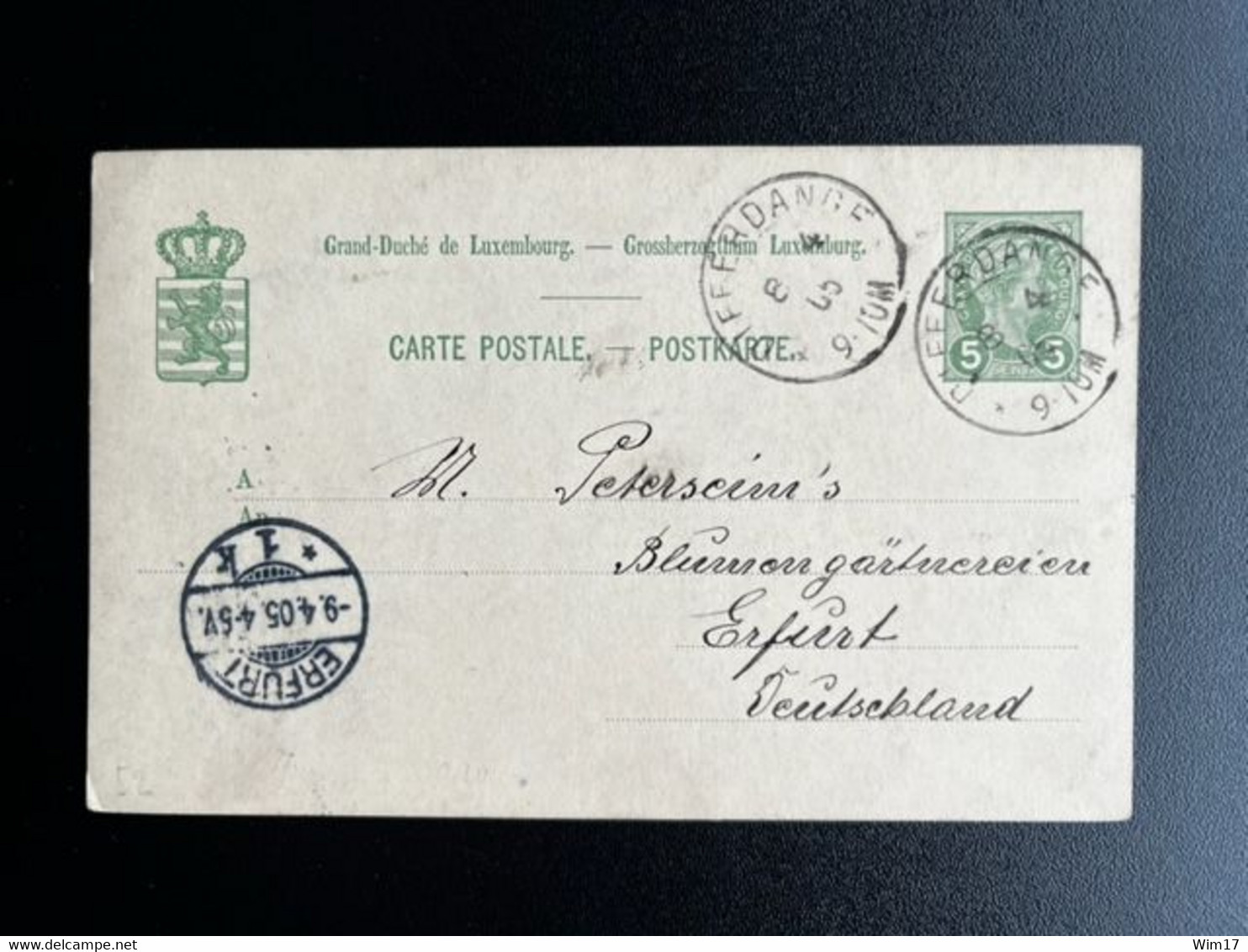 LUXEMBURG 1905 POSTCARD DIFFERDANGE TO ERFURT 08-04-1905 LUXEMBOURG - 1895 Adolphe Profil