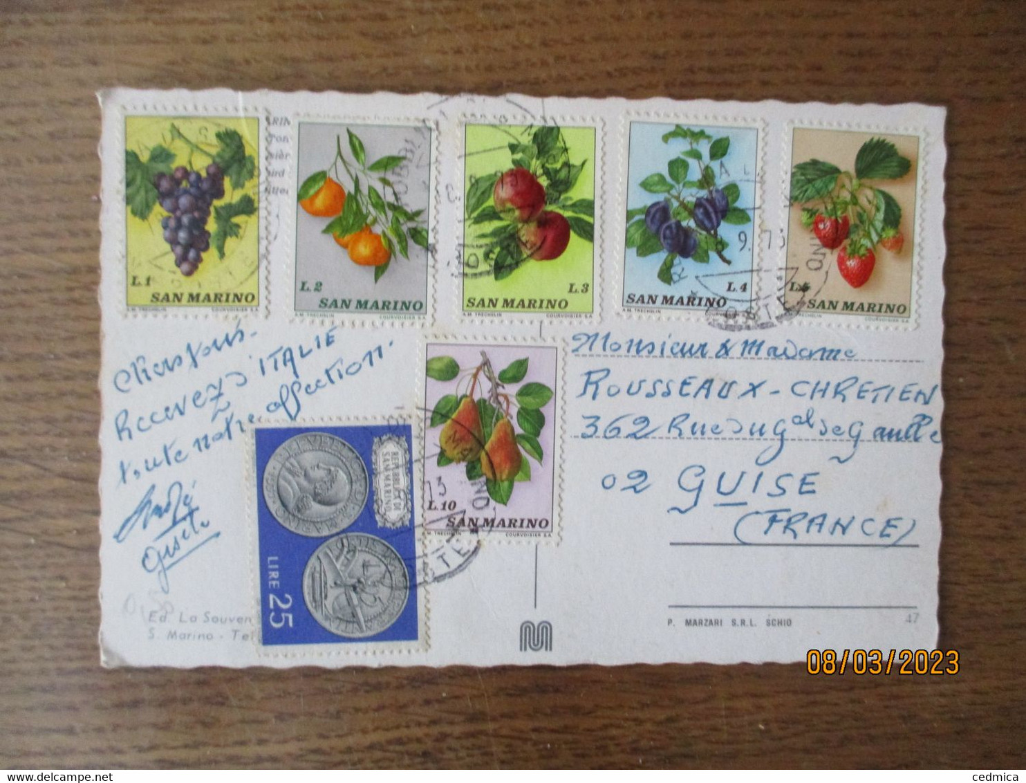 7 TIMBRES SAN MARINO SUR CARTE POSTALE DE 1973 - Brieven En Documenten