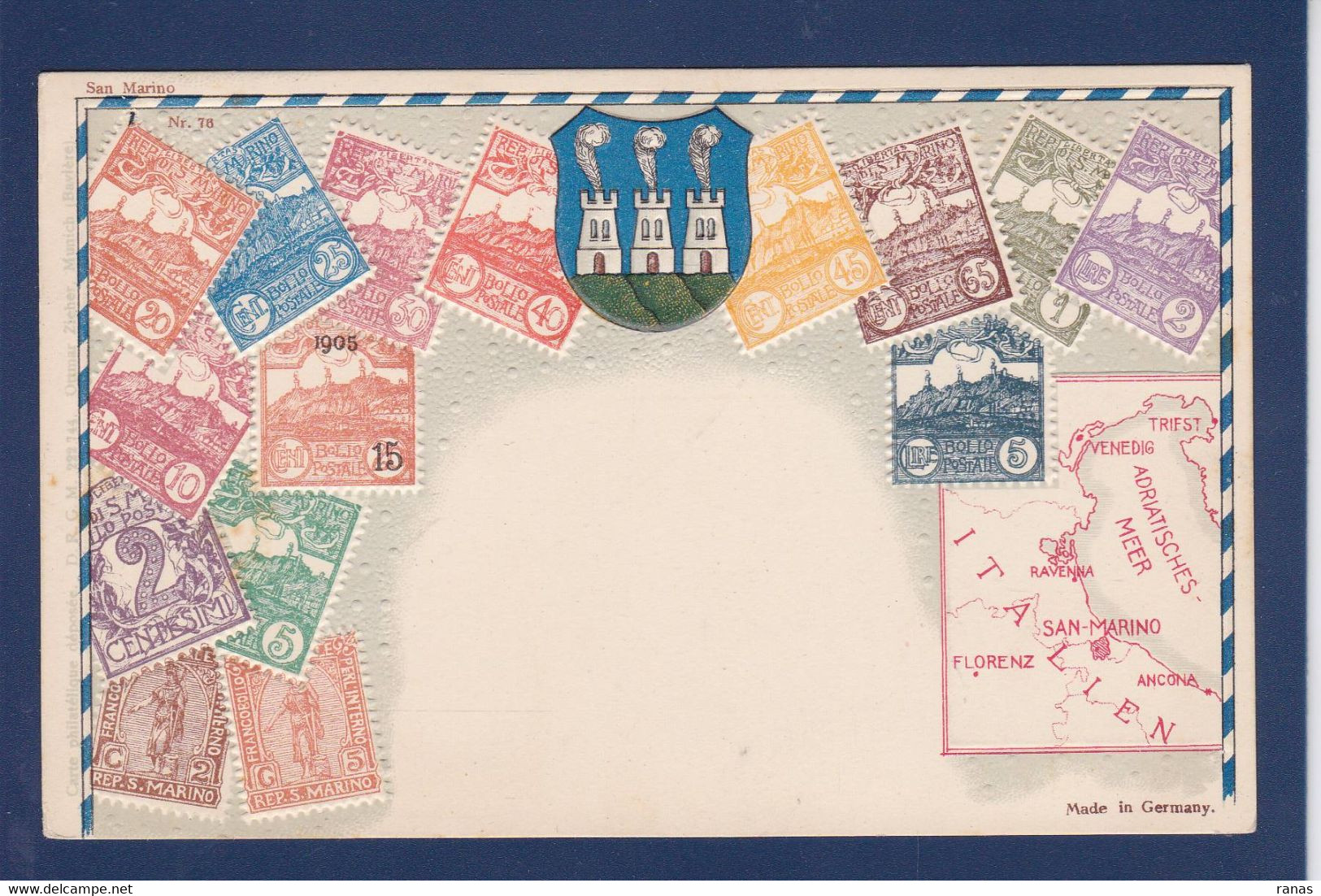 CPA Saint Marin Philatélie Timbres Postes Gaufré Embossed Héraldisme Non Circulé - San Marino