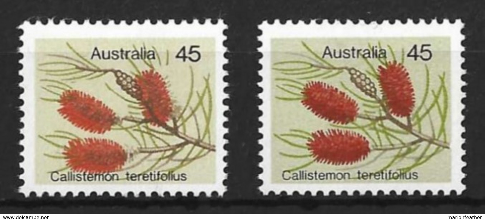 AUSTRALIA......QUEEN ELIZABETH II....(1952-22..)..." 1975.."...FLAW....CALLISEMON TERETIFOLIUS, FLOWER...DIS. BELOW.... - Plaatfouten En Curiosa