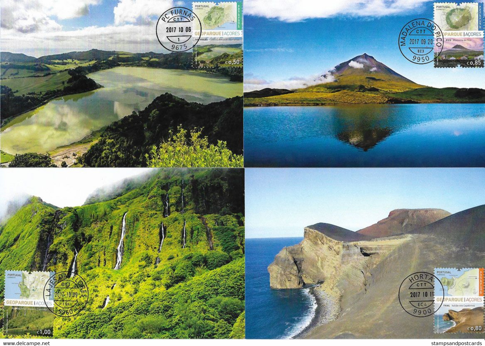 Portugal Azores Açores Géoparque Geopark Iles Volcaniques Volcan 4 Carte Maximum 2017 Volcanic Islands Volcano Maxicard - Volcans