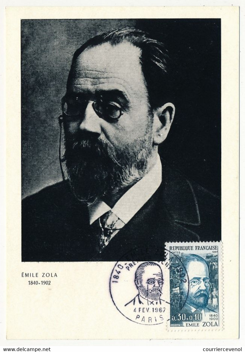 FRANCE - Carte Maximum - 0,30+0,10 Emile Zola - Obl Premier Jour PARIS 4 Février 1967 - 1960-1969