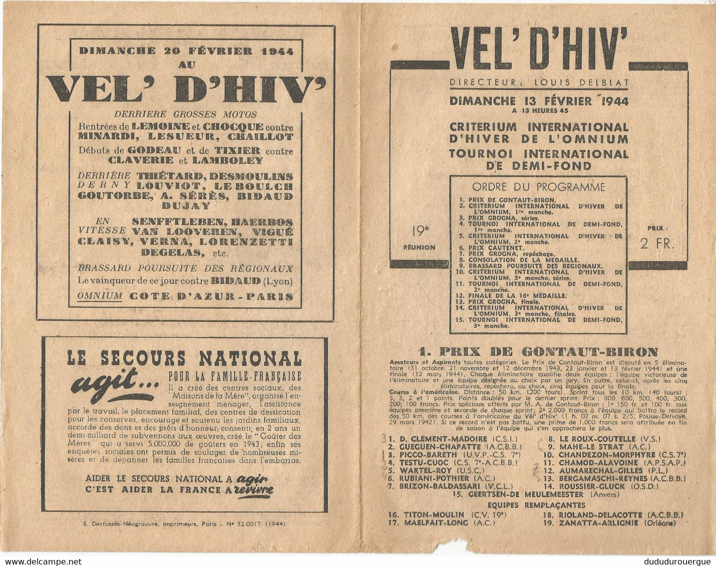 CYCLISME : VEL ' D ' HIV ' : DIMANCHE 13 FEVRIER 1944 : LE PROGRAMME - Programmes