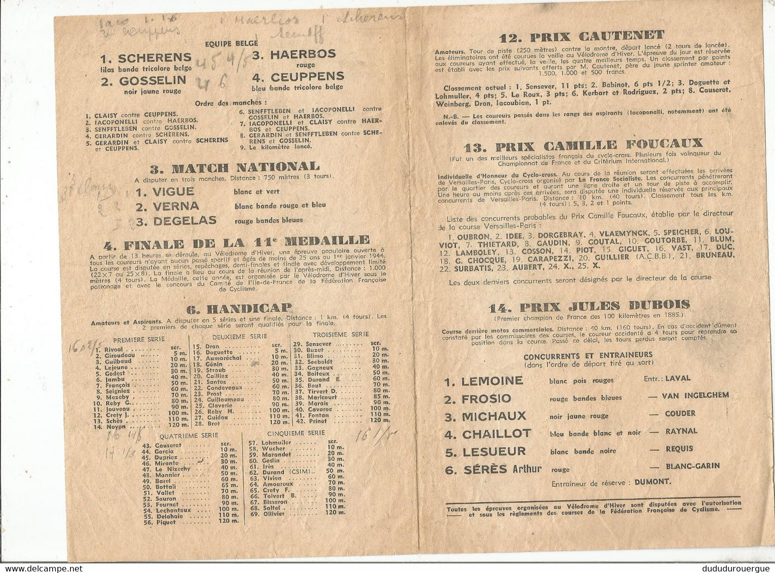 CYCLISME : VEL ' D ' HIV ' : DIMANCHE 13 FEVRIER 1944 : LE PROGRAMME , FRANCE /BELGIQUE  ....... - Programmes