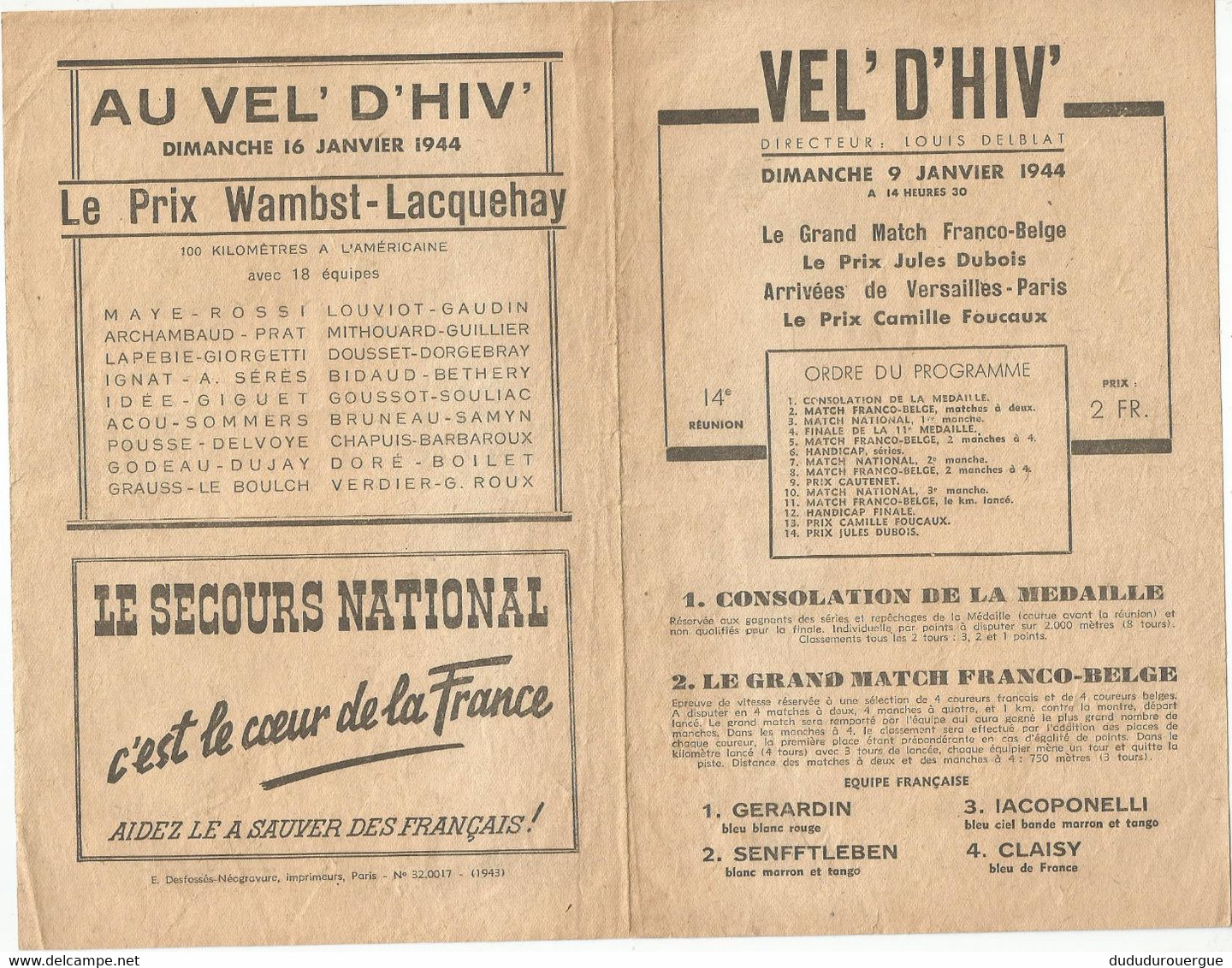 CYCLISME : VEL ' D ' HIV ' : DIMANCHE 13 FEVRIER 1944 : LE PROGRAMME , FRANCE /BELGIQUE  ....... - Programmes