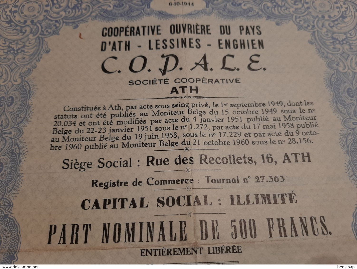 Coopérative Ouvrière Du Pays D'Ath - Lessines - Enghien " COPALE " - Part Nominale De 500 Frs. - Ath Le 27 Avril 1964. - Bank & Insurance