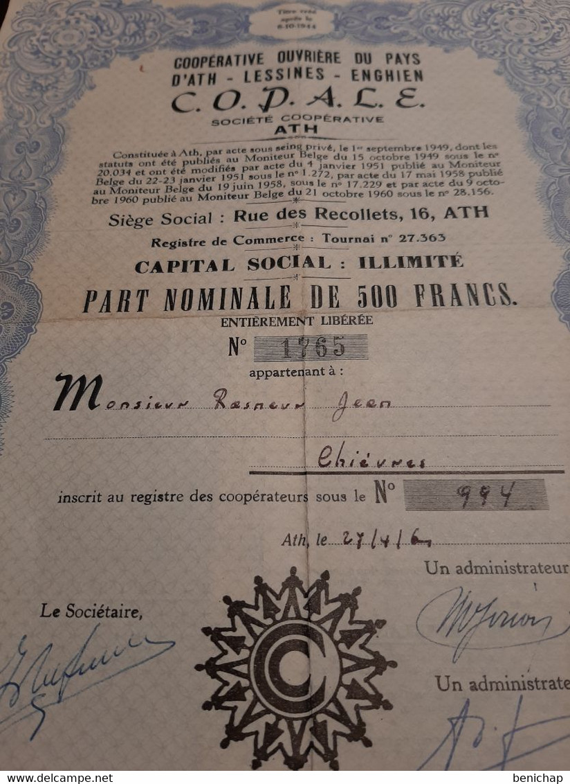 Coopérative Ouvrière Du Pays D'Ath - Lessines - Enghien " COPALE " - Part Nominale De 500 Frs. - Ath Le 27 Avril 1964. - Bank & Insurance