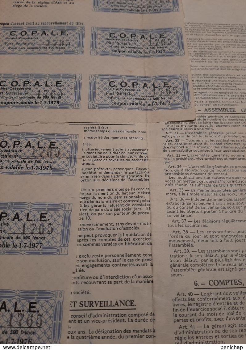 Coopérative Ouvrière Du Pays D'Ath - Lessines - Enghien " COPALE " - Part Nominale De 500 Frs. - Ath Le 27 Avril 1964. - Bank & Versicherung
