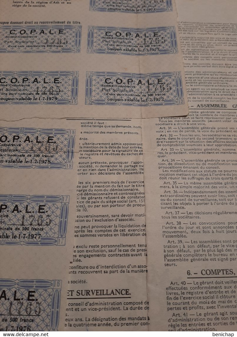 Coopérative Ouvrière Du Pays D'Ath - Lessines - Enghien " COPALE " - Part Nominale De 500 Frs. - Ath Le 27 Avril 1964. - Banque & Assurance