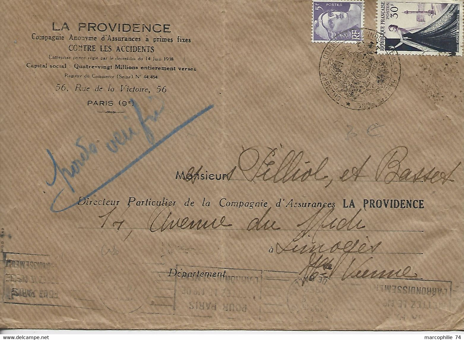 FRANCE GANDON 5FR+ 30FR HAUTE COUTURE GRANDE LETTRE CHAMBRE DE COMMERCE 1953 HAUTE VIENNE GREVE RARE - Documenti