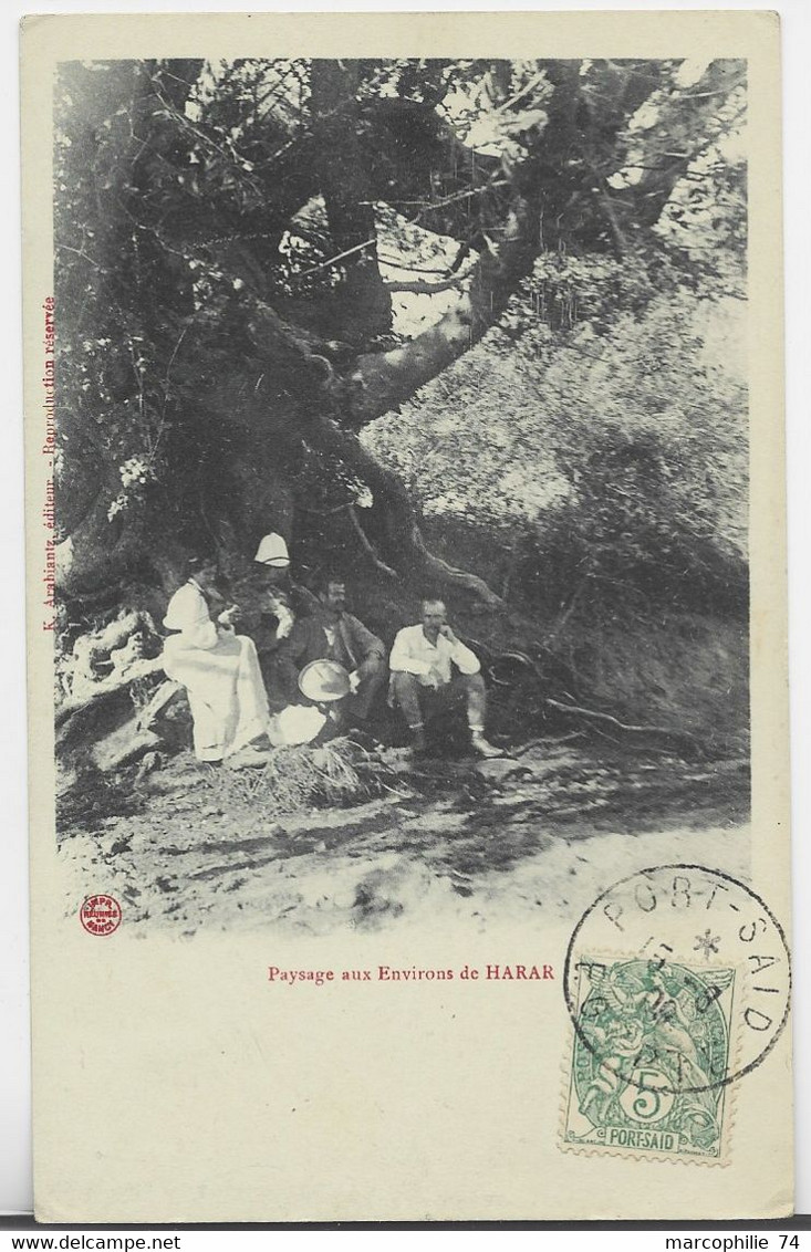 PORT SAID 5C BLANC AU RECTO CARTE PAYSAGE HARAR PORT SAID 15.8.1909 EGYPTE - Storia Postale