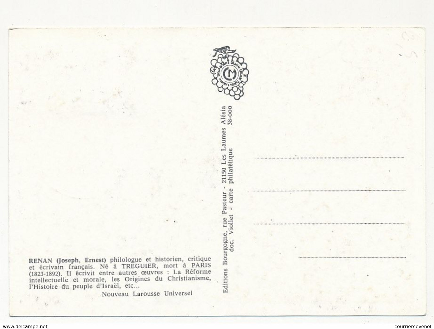 FRANCE => Carte Maximum => 0,50 + 0,10 Ernest RENAN - Obl Premier Jour 22 TREGUIER 28/4/1973 - 1970-1979