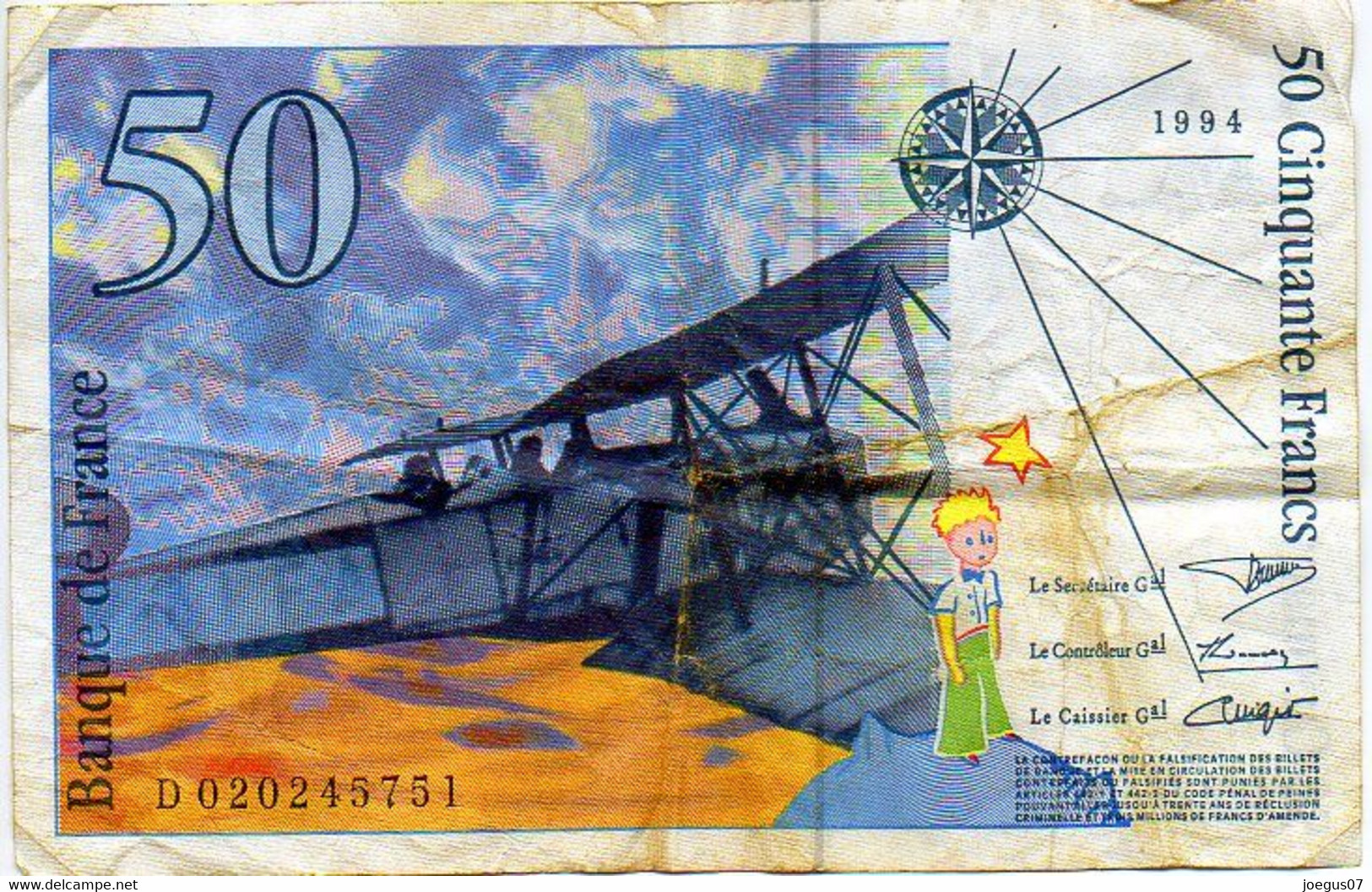 Billet 50 Cinquante Francs Antoine De Saint Exupéry. Année 1994. D 020245751, Scans Recto/verso - 50 F 1992-1999 ''St Exupéry''