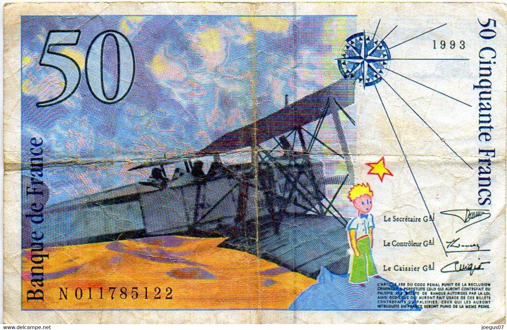 Billet 50 Cinquante Francs Antoine De Saint Exupéry. Année 1993. N 011785122, Scans Recto/verso - 50 F 1992-1999 ''St Exupéry''