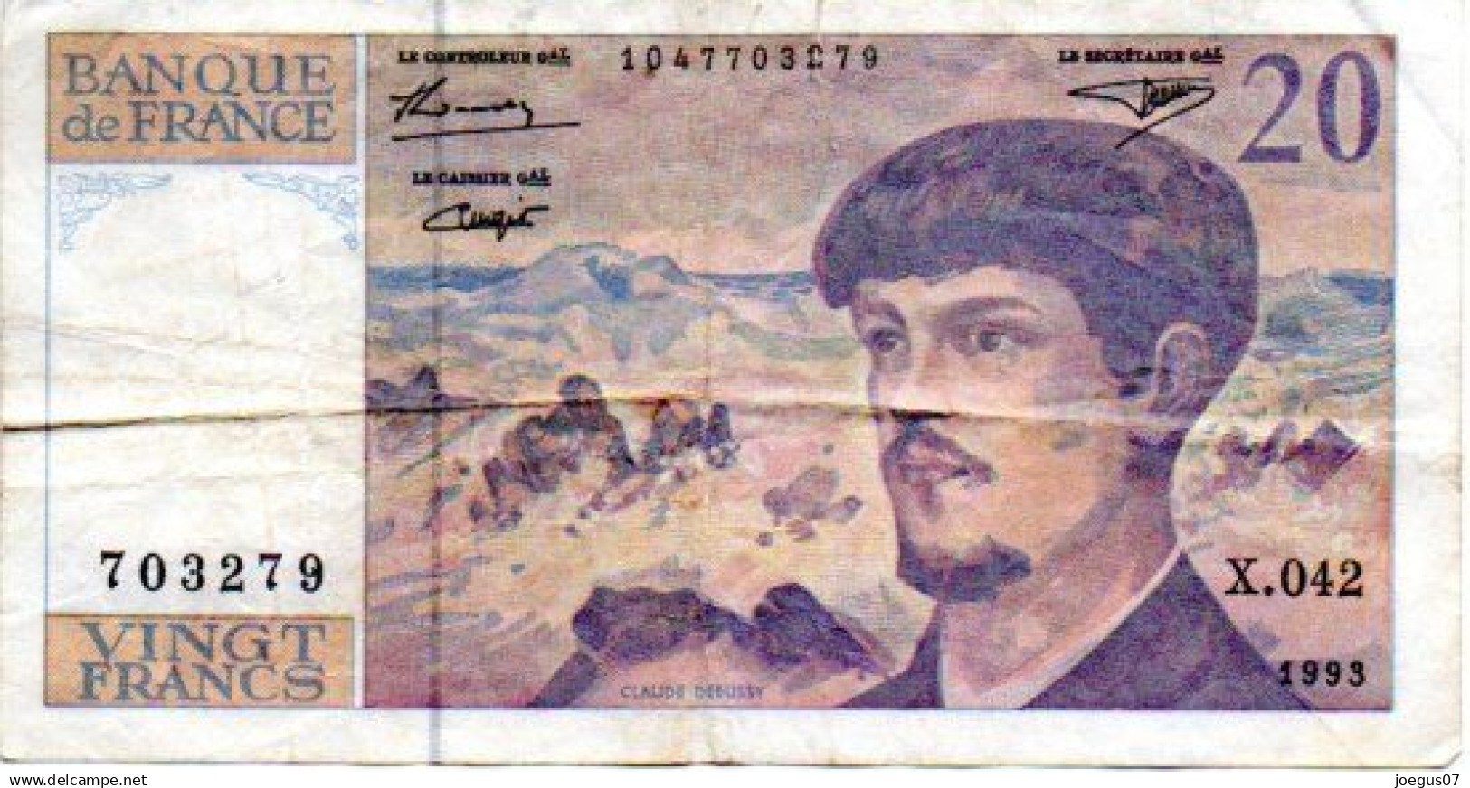 Billet 20 Vingt Francs Claude Debussy. Année 1993. 1047703279, X.042, 703279, Scans Recto/verso - 20 F 1980-1997 ''Debussy''