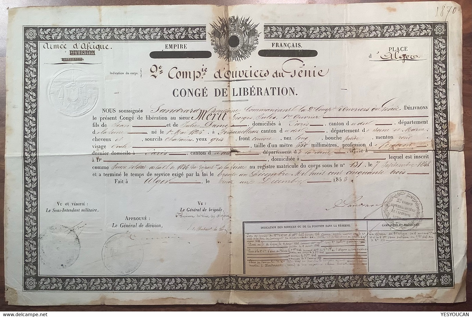 RR ! Congé De Libération 1853 ARMÉE D’ AFRIQUE ALGER EMPIRE FRANÇAIS (Algerie Algeria France Military Militaria Document - Documentos
