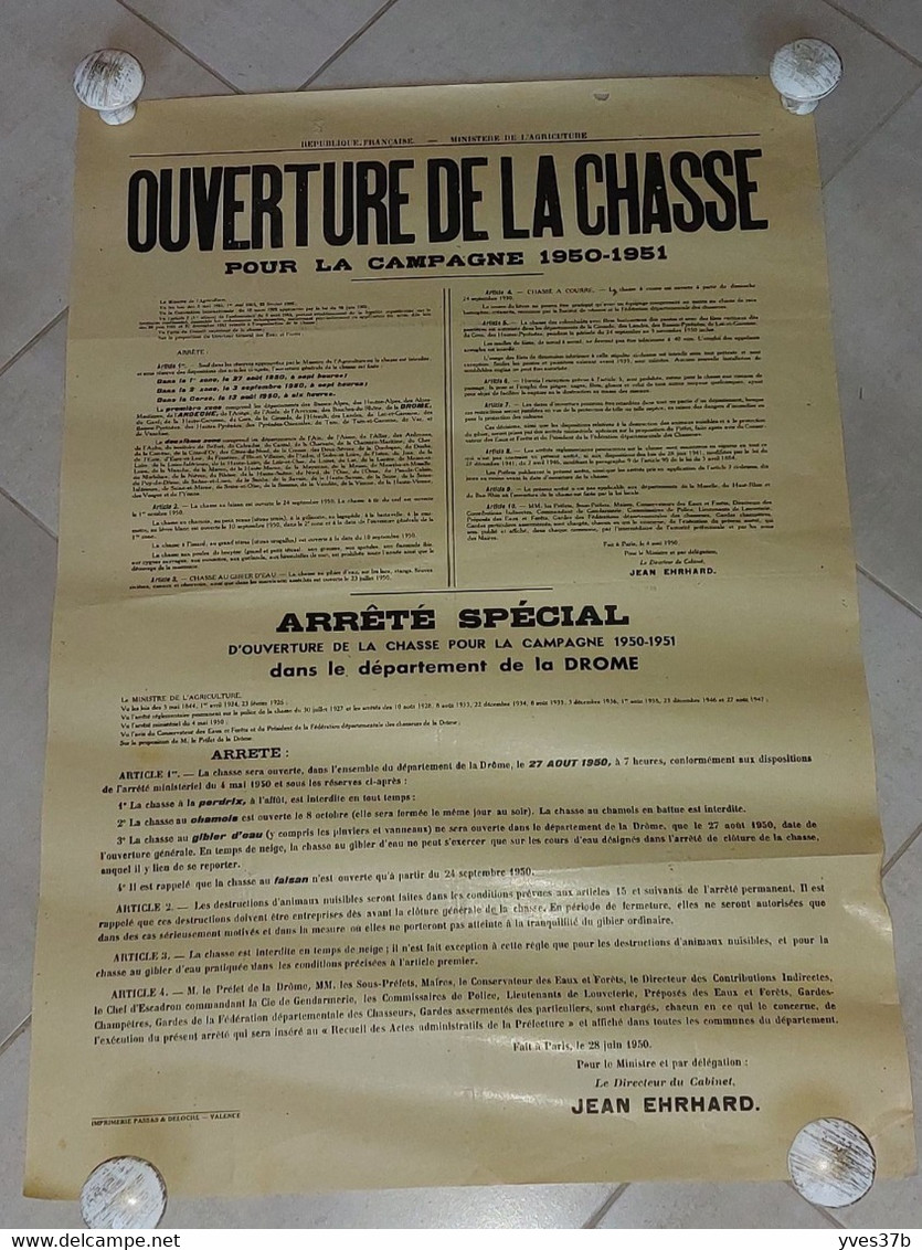 AFFICHE "OUVERTURE De La CHASSE 1950/51" DROME 53x77 - TTB - Affiches