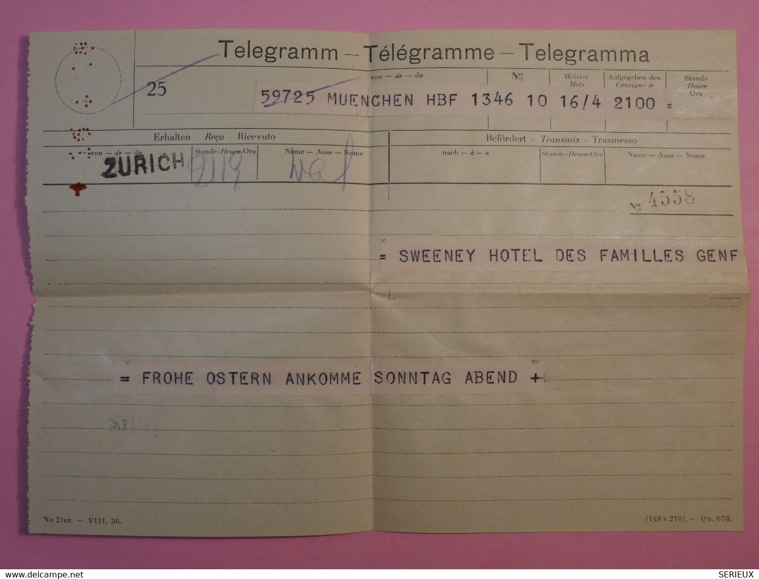 BP7 SUISSE   BELLE LETTRE TELEGRAMME  1945 ZURICH    +AFFRANCH. INTERESSANT ++ - Télégraphe