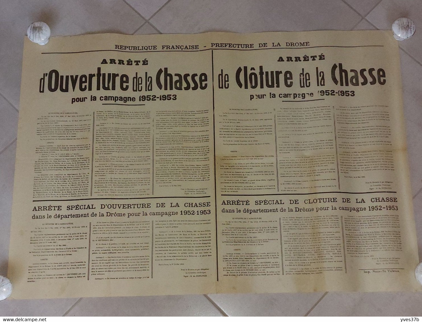 AFFICHE "OUVERTURE De La CHASSE 1952/53" DROME 56x80 - TTB - Manifesti