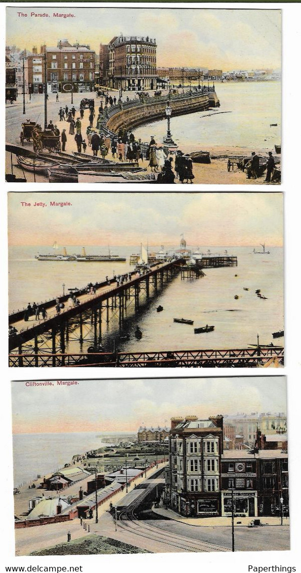 3 Postcards, Kent, Margate, Jetty, Parade, Cliftonville, People, Boats, Buildings. Early 1900s. - Margate