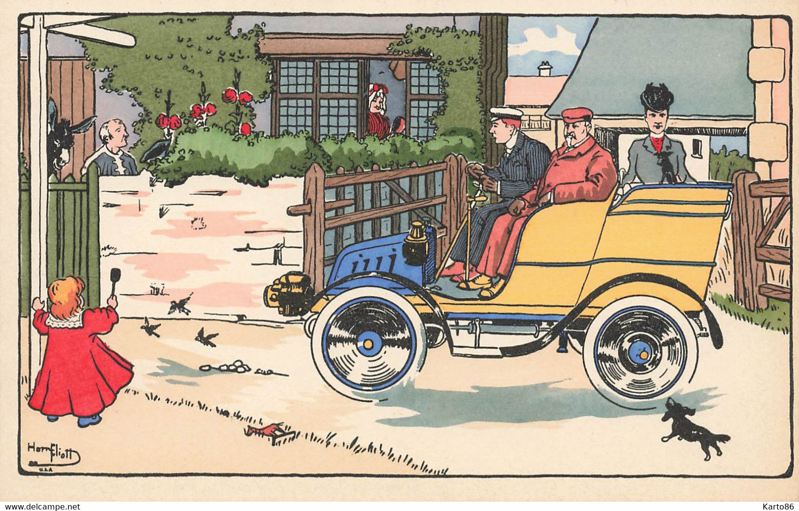 Harry ELIOTT * CPA Illustrateur Art Nouveau Harry Eliott * Automobile Voiture Chauffeur Homme Femme Enfant - Elliot