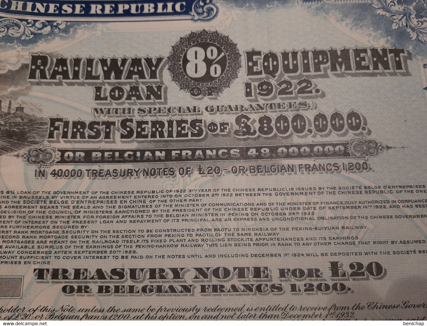 1922 - Chine - China - Chinese - Railway 8% Equipment - Government Chinese Republic- Emprunt - Bon Du Trésor De 20 £. - Azië