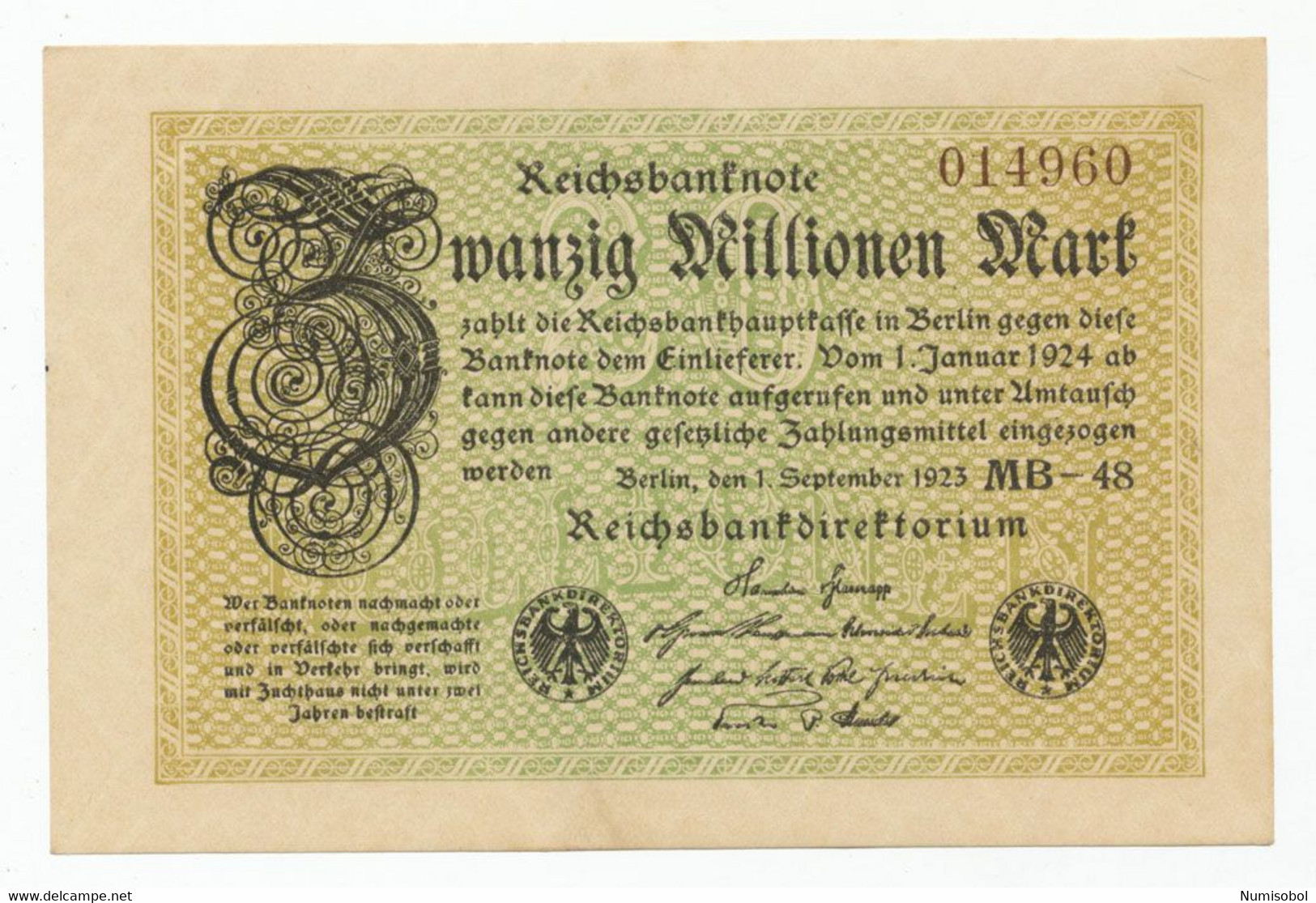 GERMANY, DEUTSCHLAND - 20 Millionen Mark 1.9. 1923. P108 Ro107g, AUNC. (D116) - Sonstige & Ohne Zuordnung