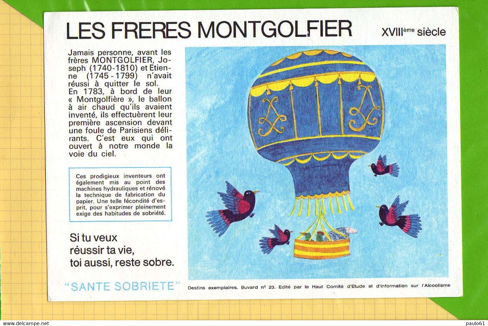 BUVARD &amp; Blotting Paper :  Les Freres Mongolfier  Santé Sobrieté - Liqueur & Bière