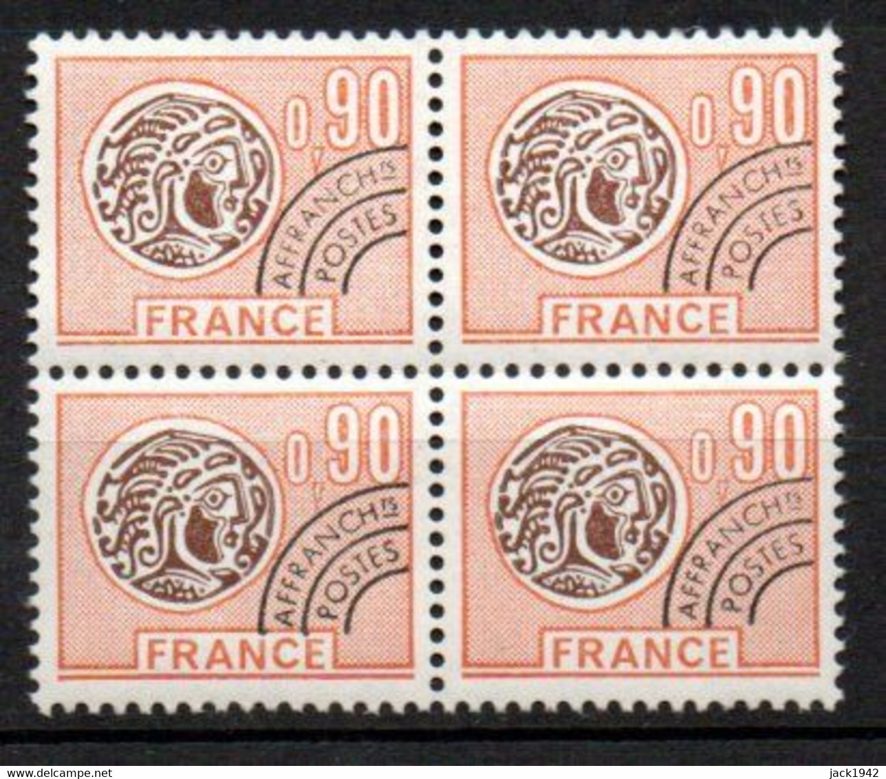 Préoblitéré Yvert N° 142 ** - 0,90 Monnaie Gauloise, Bloc De 4 - 1964-1988