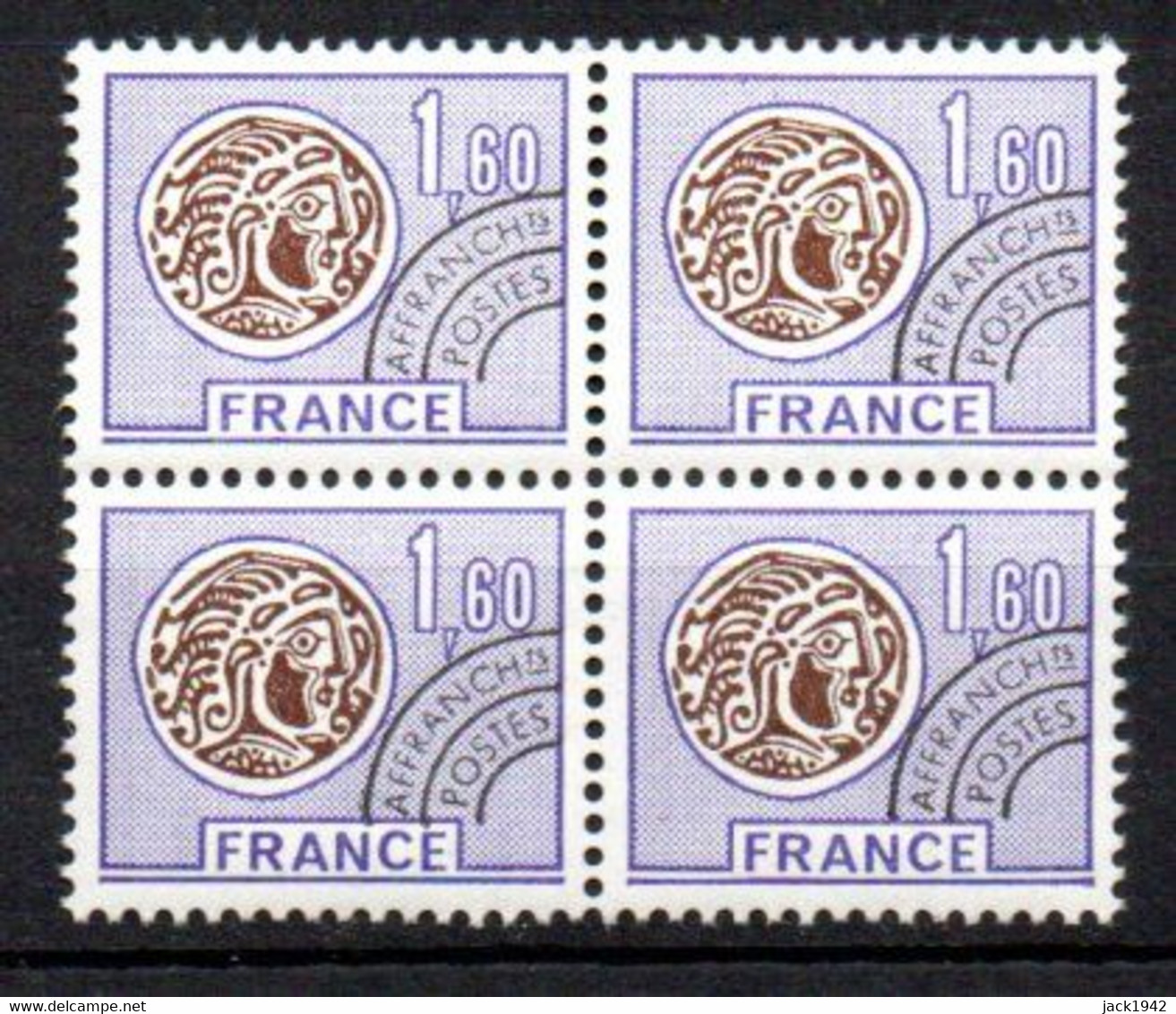 Préoblitéré Yvert N° 144 ** - 1,60 Monnaie Gauloise, Bloc De 4 - 1964-1988