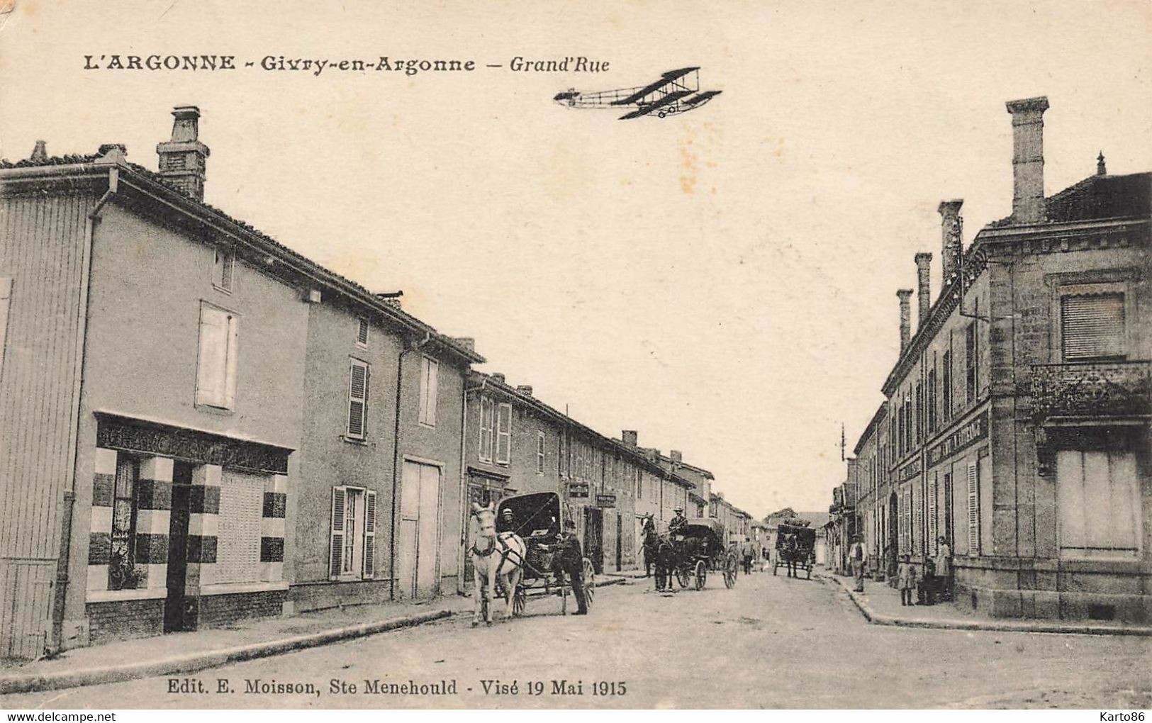 Givry En Argonne * La Grand Rue Du Village * Avion Aviation Biplan * Attelage - Givry En Argonne