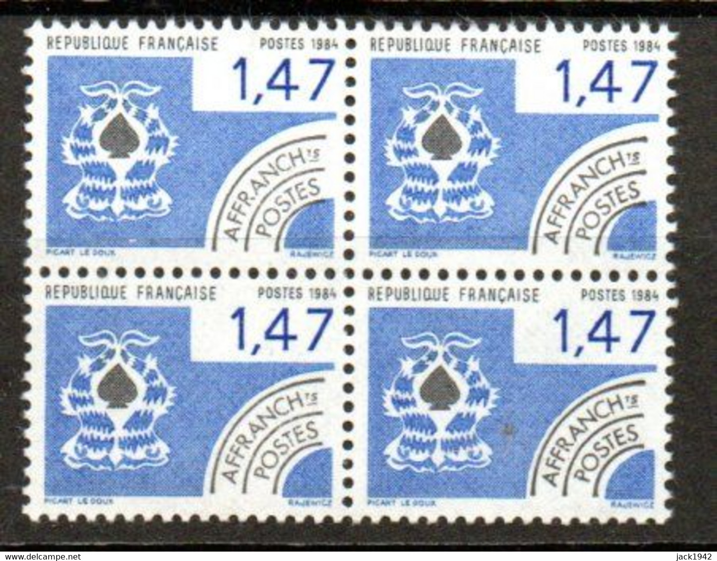 Préoblitéré Yvert N° 183 ** - 1,47 Cartes à Jouer "Pique" , Bloc De 4 - 1964-1988