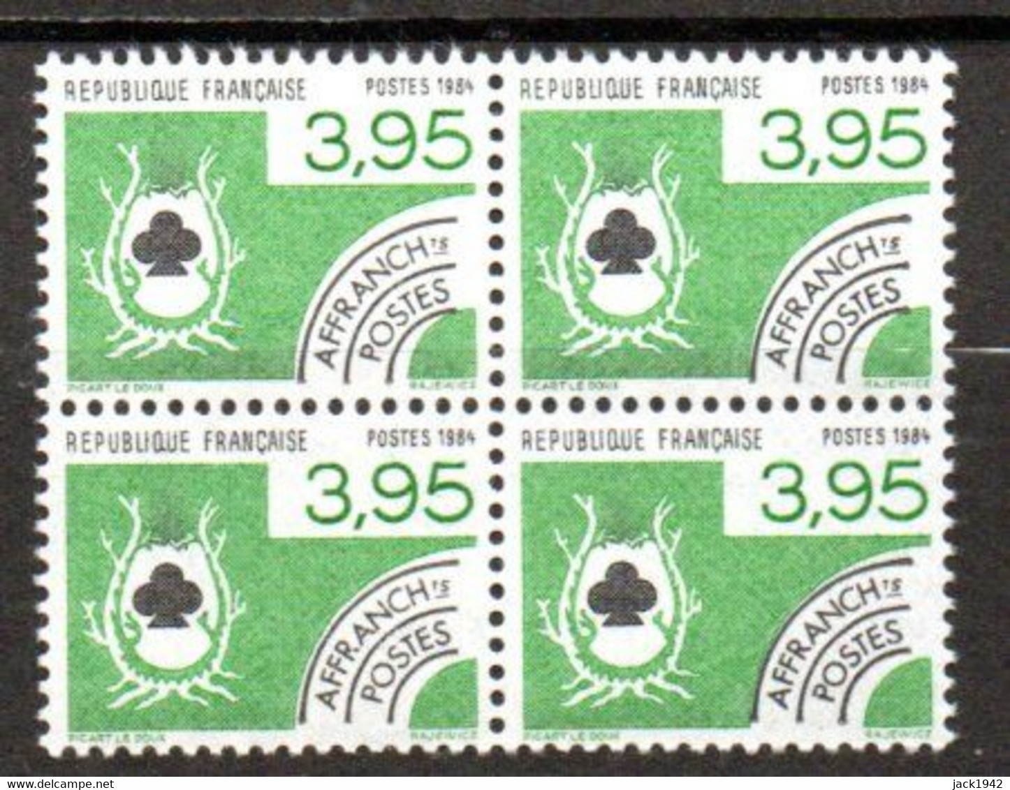 Préoblitéré Yvert N° 185 ** - 3,95 Cartes à Jouer "Trèfle" , Bloc De 4 - 1964-1988