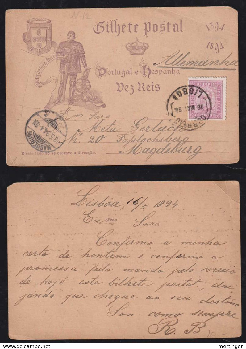 Portugal 1894 Uprated Stationery Card 10R Heinrich LISBOA X MAGDEBURG Germany - Lettres & Documents