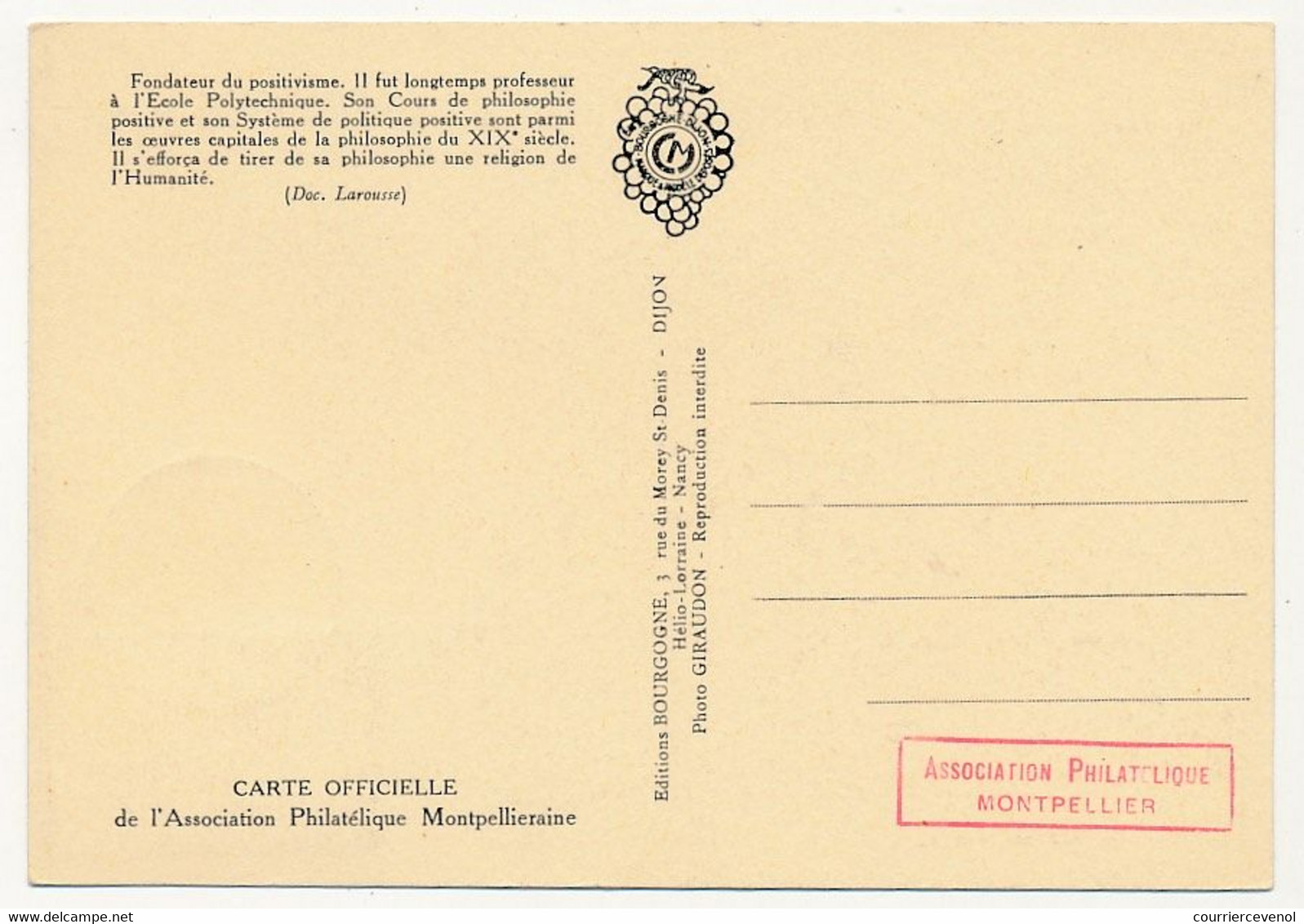 FRANCE - Carte Maximum - 35F Auguste COMTE - Premier Jour MONTPELLIER 14 Sept 1957 - 1950-1959