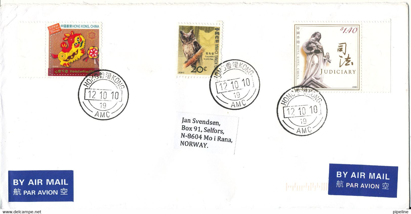 Hong Kong Cover Sent Air Mail To Norway 12-10-2010 With Topic Stamps - Storia Postale