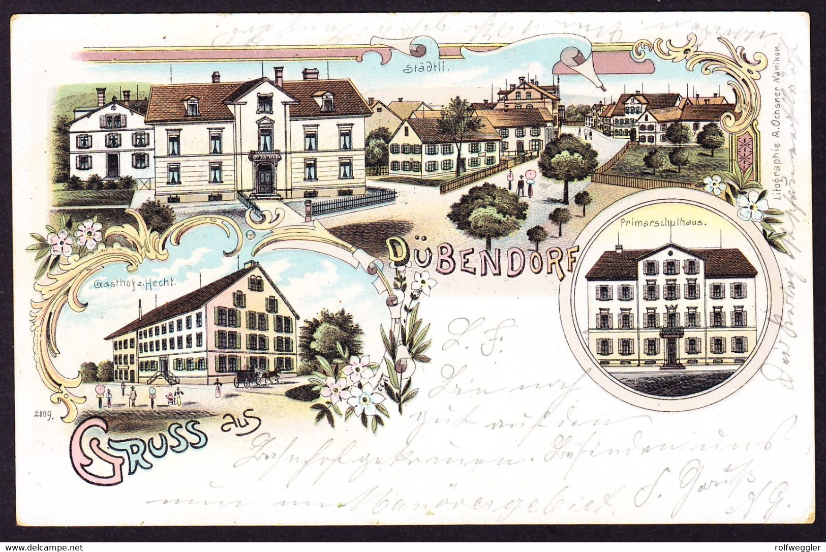 1900 Gelaufene Litho AK: Gruss Aus Dübendorf. 3 Bildrig. Mit Gasthof Z. Hecht. Rückseitig Leicht Fleckig. - Dübendorf